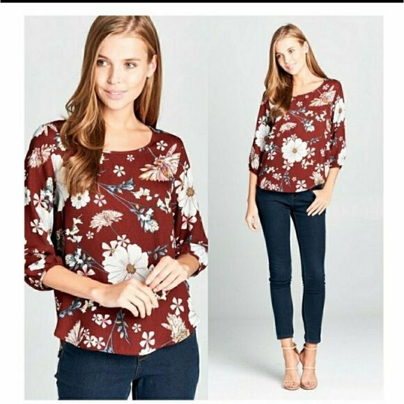 3/4 Sleeves Floral Top Burgundy/ Maroon - Picture 1 of 7